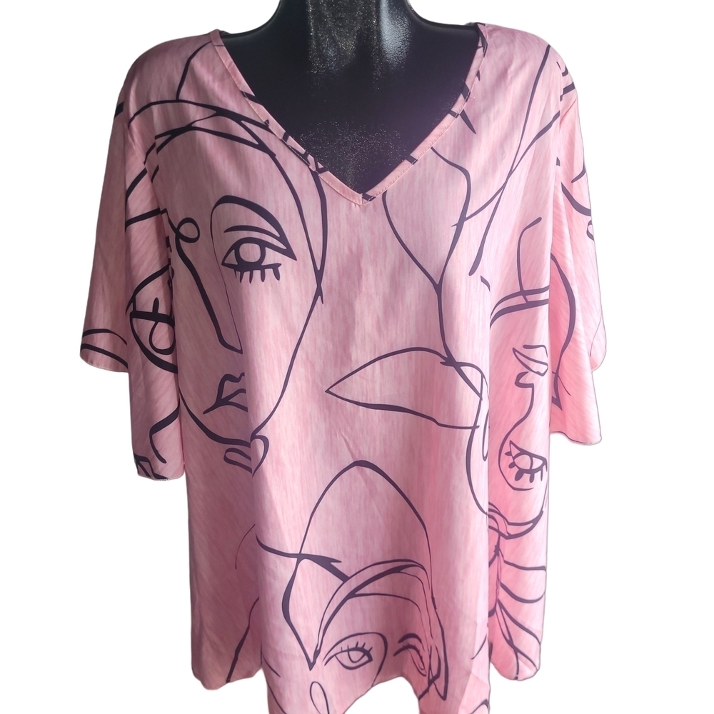 Shein Curve Abstract Face Print Pink Short Sleeve Flowy Top 4XL